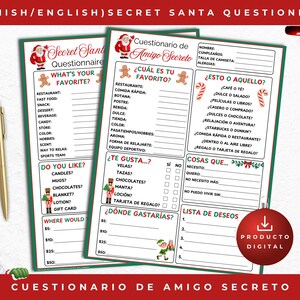 May include: A Secret Santa questionnaire in English and Spanish. The design features a festive theme with Santa Claus and gingerbread men. The questionnaire includes sections for favorite things, preferences, and a wish list.