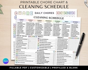 Printable Cleaning Schedule & Chore Chart Bundle | Editable PDF Canva Template | Daily, Weekly, Monthly | US Letter A4 | Instant Download