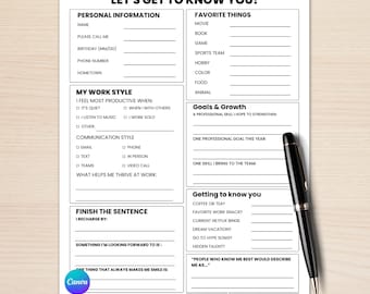 Getting To Know You Printable: Employee & Team Icebreaker (Fillable PDF, Canva Template)