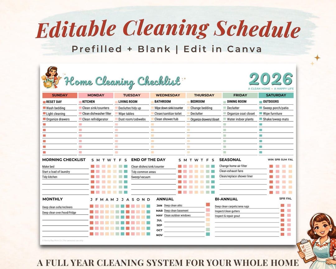 Editable Cleaning Schedule | Fillable PDF | Editable Canva Template ...