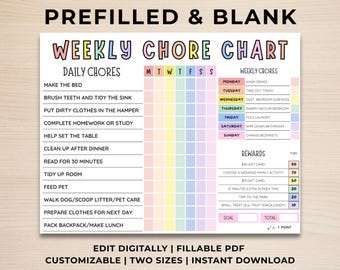 May include: A printable chore chart for kids with a colorful rainbow design. The chart includes a list of daily chores and weekly chores, as well as a rewards system. The text on the chart reads "Weekly Chore Chart", "Daily Chores", "Weekly Chores", "Rewards", "Goal", "Total", and "✓ = 1 Point".