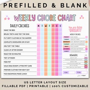 May include: A printable weekly chore chart for kids with a colorful design. The chart includes daily chores, weekly chores, and a reward system. The chart is designed to help kids learn responsibility and develop good habits.