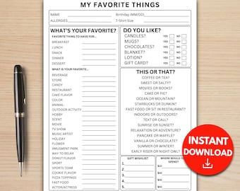 Printable Favorite Things List: Get To Know You Survey (Canva & PDF)