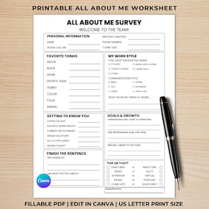 Getting To Know You Printable, Coworker Questionnaire, All About Me Survey, Employee Favorite Things Survey, Get to Know My Team Survey PDF