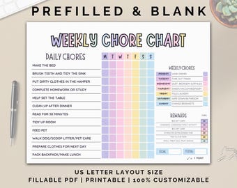 May include: A printable weekly chore chart with a pastel rainbow color scheme. The chart includes daily chores such as making the bed, brushing teeth, and tidying up the room. It also includes weekly chores such as washing dishes, taking out the trash, and dusting bedroom surfaces. The chart has a rewards section with points for completing chores, such as a gift card, extra screen time, and a trip to the park. The chart is labeled "US Letter Layout Size" and "Fillable PDF | Printable | 100% Customizable".