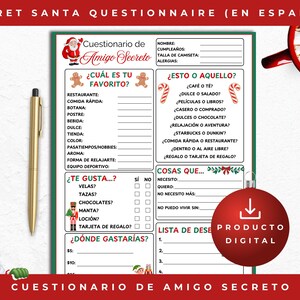 May include: A Secret Santa questionnaire in Spanish, featuring festive graphics and fill-in-the-blank sections. Includes prompts for favorite things, gift ideas, and a wish list. A gold pen rests on the side.