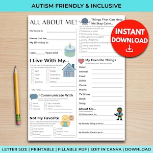 May include: Printable "All About Me" worksheet for individuals with autism. The form includes sections for personal information, calming strategies, favorite things, and communication preferences. Features a red "Instant Download" button.