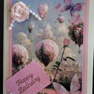 Cartão de aniversário com balão rosa caprichoso