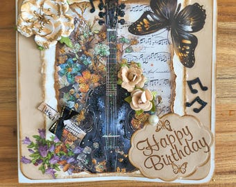 Musikalische Geburtstagskarte: Geige, Blumen, Schmetterlinge, Notenblatt Design