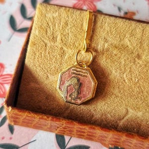 Puede incluir: Colgante dorado con un dije octogonal rosa con un símbolo del zodíaco. El dije está en una pequeña caja con un patrón floral.