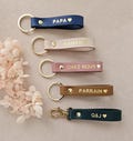 personalized leather key ring for godfather, dad, mom, with our first name and date of birth product logo