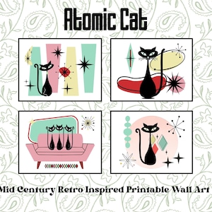 May include: Four framed prints featuring black cat silhouettes in a mid-century modern style. The prints include starbursts, geometric shapes, and the text "Atomic Cat" and "Mid Century Retro Inspired Printable Wall Art".