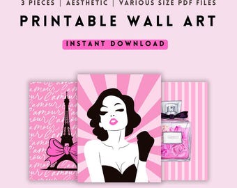 Rosa Paris Mode Väggkonst Set – Flickig Sovrumsdekoration (Digital Nedladdning)