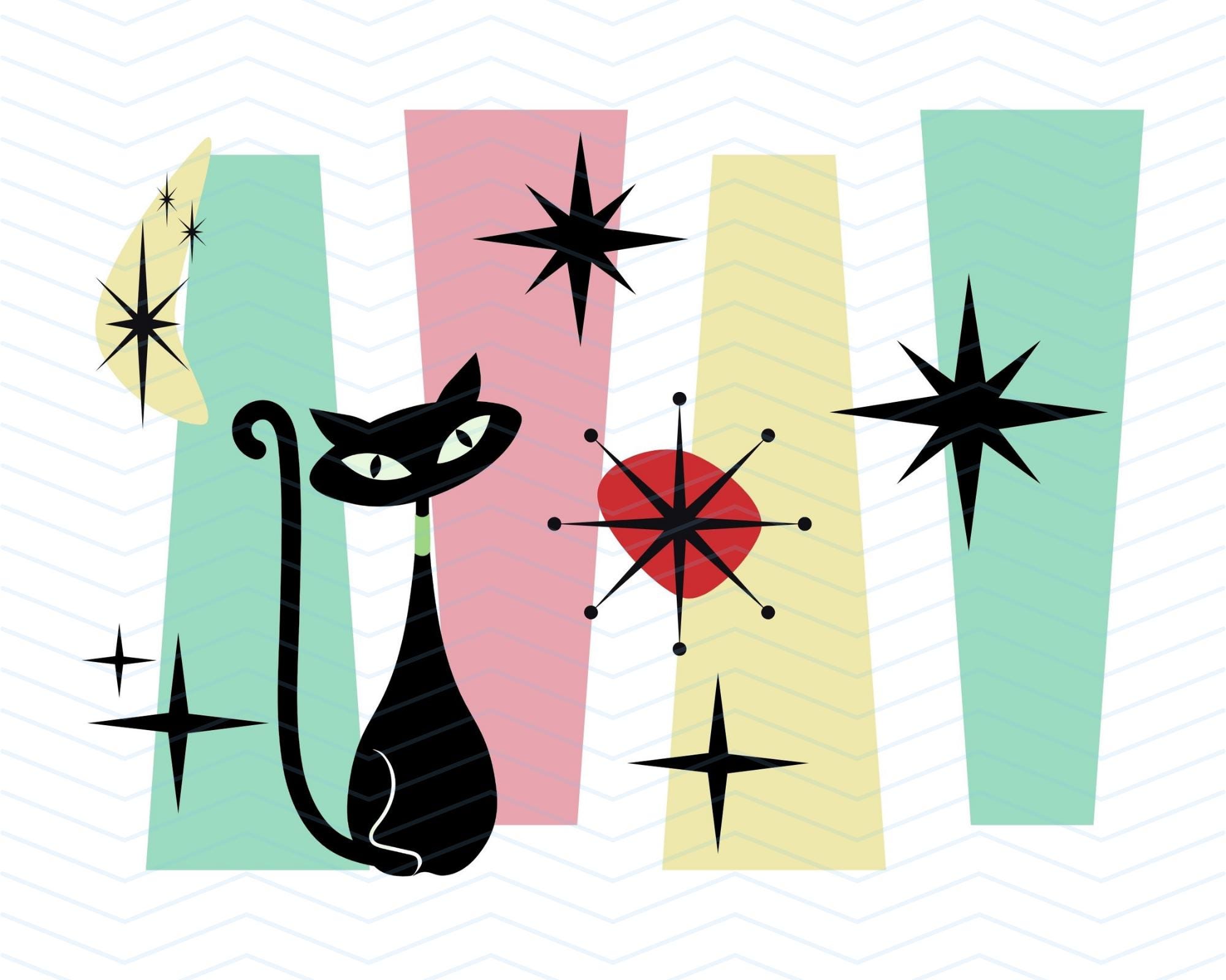 Atomic Cat Print Set – Mid Century Modern Retro Wall Art (digital ...