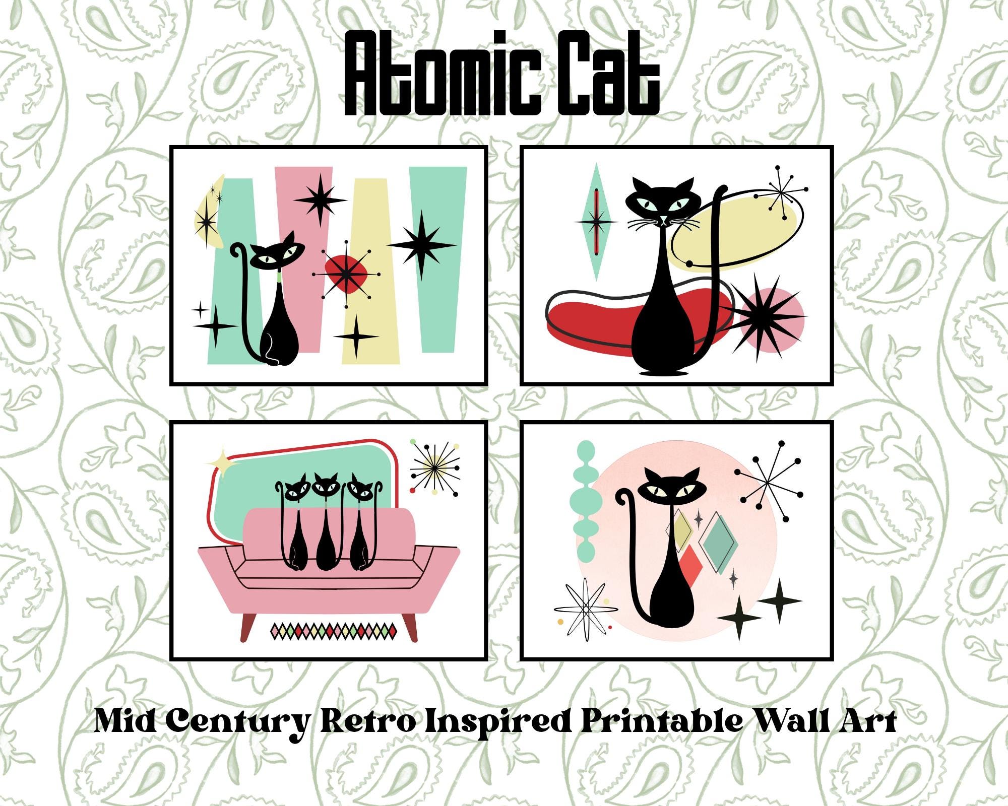 Atomic Cat Print Set – Mid Century Modern Retro Wall Art (digital ...