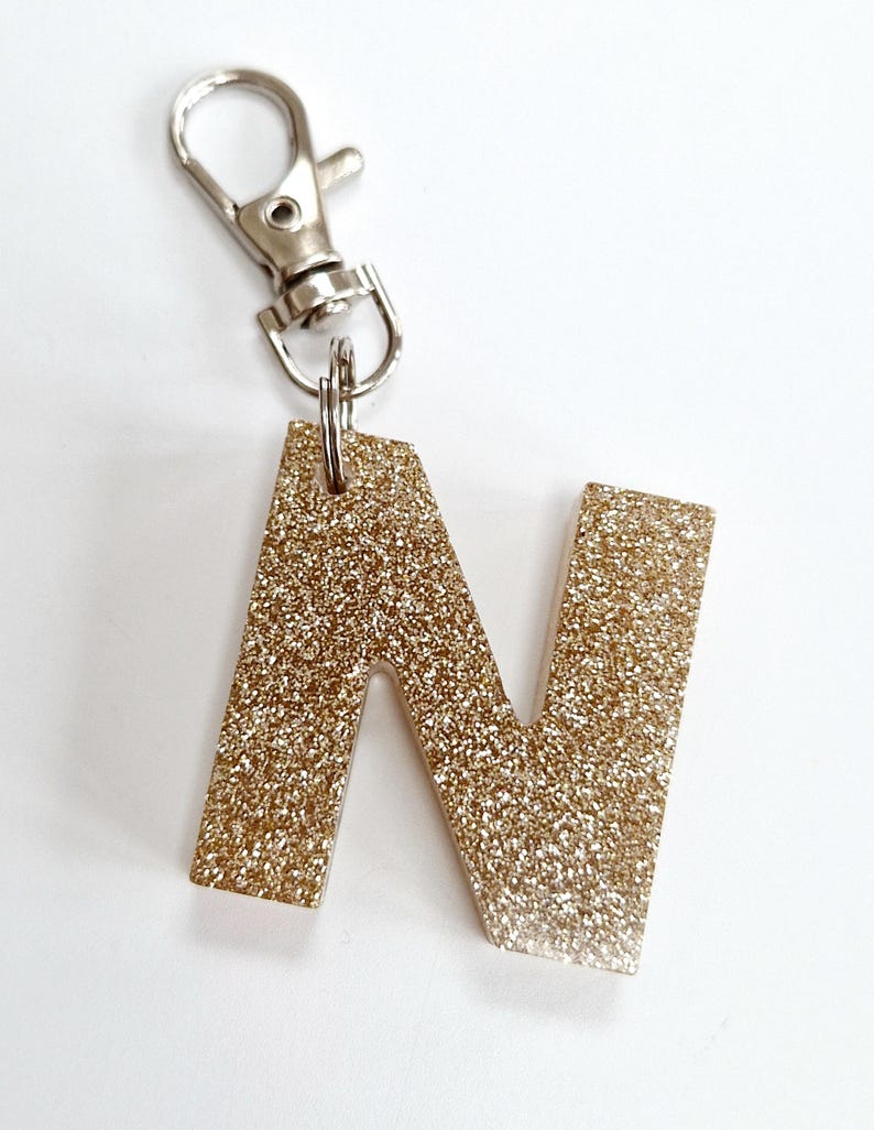 Glitter resin initial keyring/bag charm. Sparkly personalised letter keyring. Gifts, party bag fillers, favours. Resin letters handmade Gold glitter