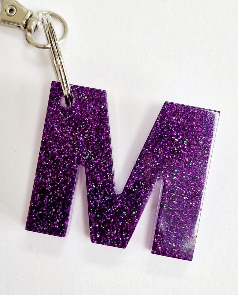 Glitter resin initial keyring/bag charm. Sparkly personalised letter keyring. Gifts, party bag fillers, favours. Resin letters handmade Purple glitter