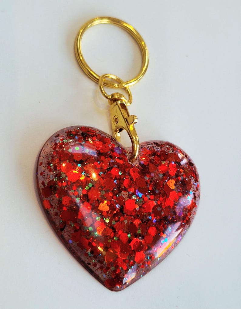 Glitter heart keyring or bag charm. Sparkly resin heart keychain. Gifts, party bag fillers, favours. Handmade custom heart keyring image 2