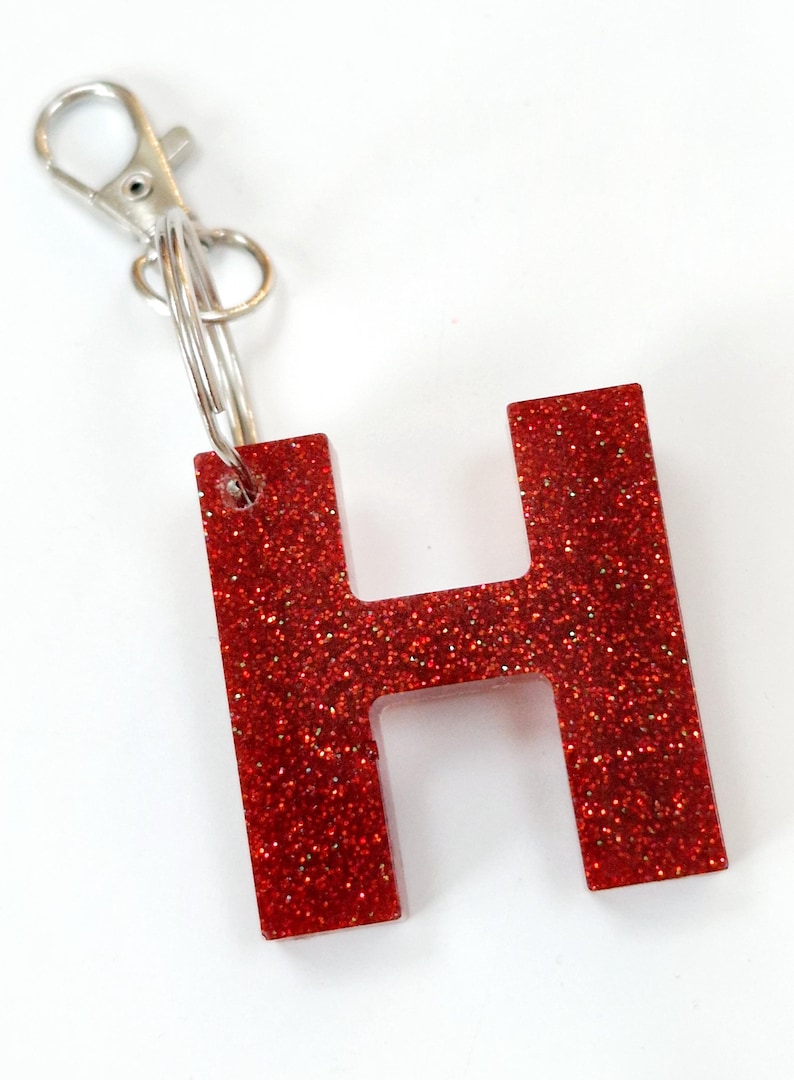 Glitter resin initial keyring/bag charm. Sparkly personalised letter keyring. Gifts, party bag fillers, favours. Resin letters handmade image 9