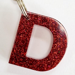 Glitter resin initial keyring/bag charm. Sparkly personalised letter keyring. Gifts, party bag fillers, favours. Resin letters handmade Red glitter