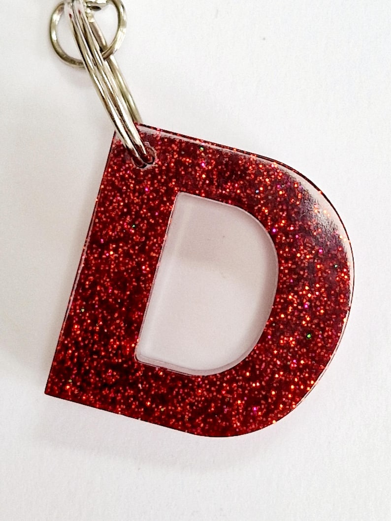 Glitter resin initial keyring/bag charm. Sparkly personalised letter keyring. Gifts, party bag fillers, favours. Resin letters handmade Red glitter