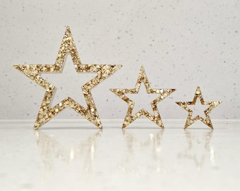 Handmade sparkly freestanding Christmas stars. Personalised Christmas decorations, ornaments, Xmas glitter gold silver rose gold star decor