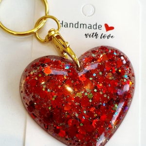 Glitter heart keyring or bag charm. Sparkly resin heart keychain. Gifts, party bag fillers, favours. Handmade custom heart keyring image 1