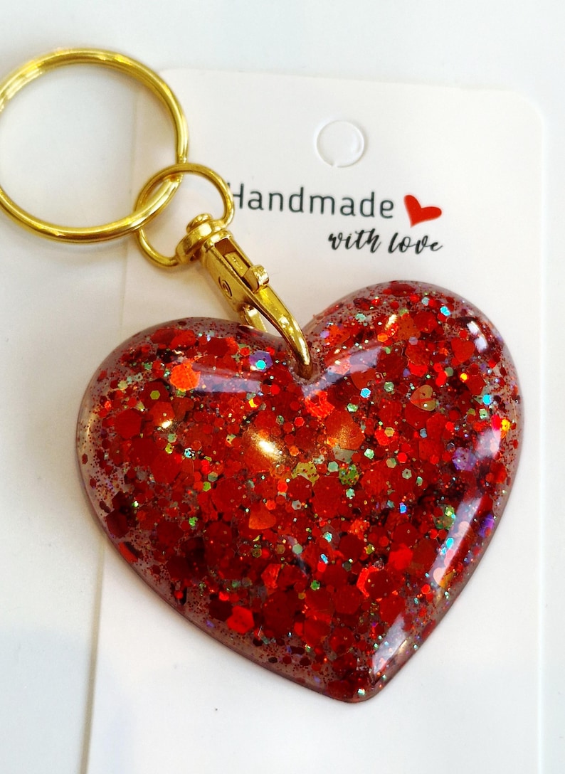 Glitter heart keyring or bag charm. Sparkly resin heart keychain. Gifts, party bag fillers, favours. Handmade custom heart keyring image 1