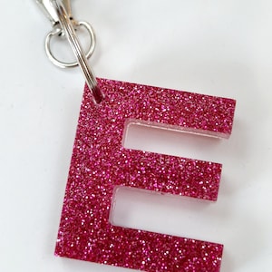 Glitter resin initial keyring/bag charm. Sparkly personalised letter keyring. Gifts, party bag fillers, favours. Resin letters handmade Pink glitter