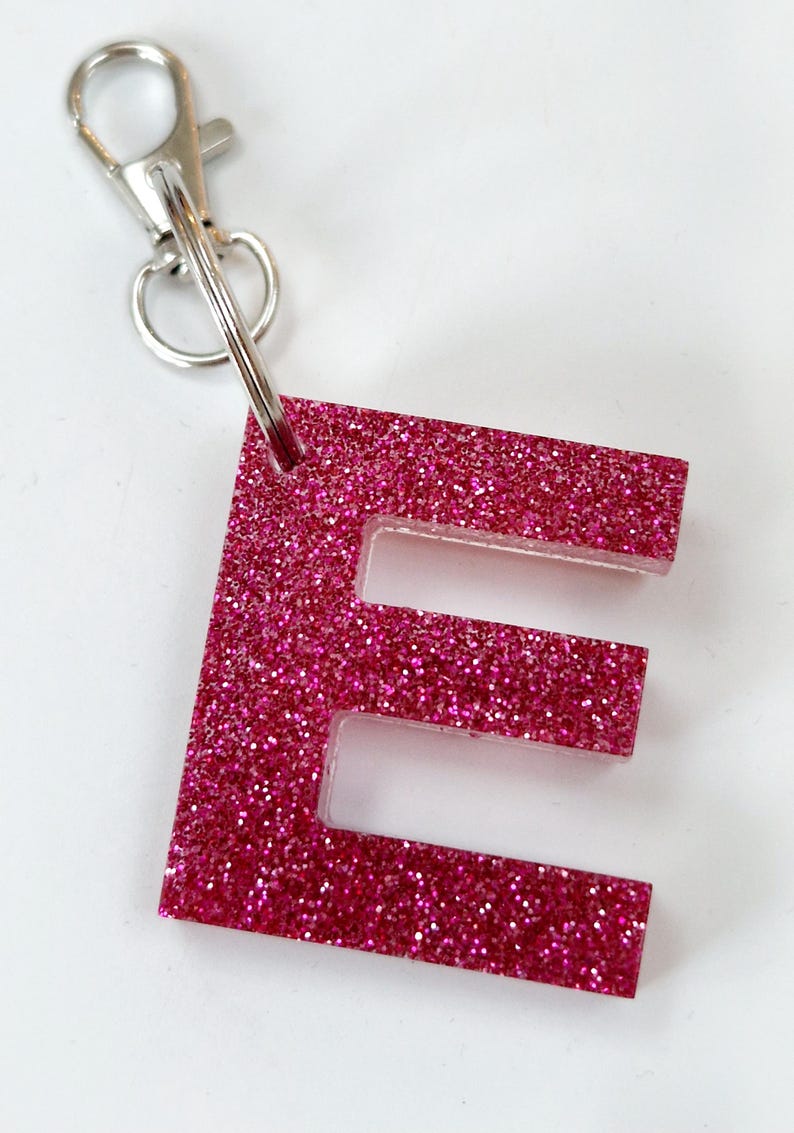 Glitter resin initial keyring/bag charm. Sparkly personalised letter keyring. Gifts, party bag fillers, favours. Resin letters handmade Pink glitter