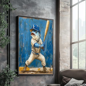 Lienzo con divertidos peces de béisbol: decoración de pared de deportes extraños, ilustraciones de dibujos animados en azul y amarillo, regalo único para fanáticos del béisbol, póster de béisbol