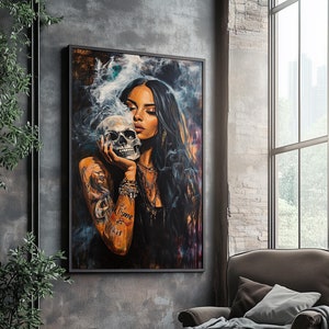 Gothic Frau Leinwanddruck, Mysteriöse Frau Hält einen Schädel mit Smoky Details Leinwanddruck, Wanddekoration für Wohnzimmer, Schlafzimmer oder Studio