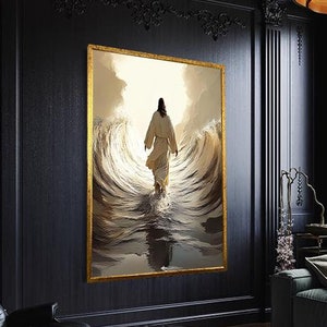 Jesus Walking Through Waves Canvas, Spiritual Inspirational Artwork, Religious Wall Decor, Modern Christian Painting, Ready to Hang Canvas