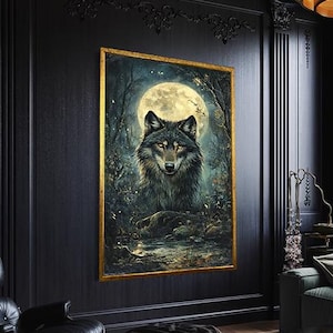 Mysterious Wolf Bear Canvas Art, Dark Forest Animal Print, Gothic Fantasy Decor, Celestial Spirit Wolf Painting, Alpha Wolf Canvas Print
