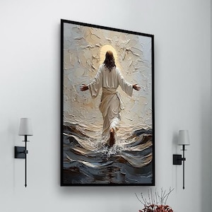 水の上を歩くイエスのキャンバスアート、白い抽象的なイエスのデザイン宗教的なスピリチュアルなアートワーク、キリスト教の壁装飾、すぐに掛けられるキャンバス