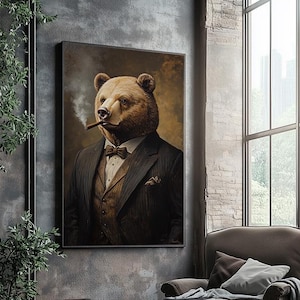 Cigar-Smoking Bear Canvas Print – Funny Animal Wall Art, Rustic Lodge Decor, Vintage Bear Style Home Office Art, Classy Farmhouse Wall Print