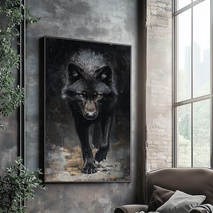 Black Wolf Canvas Print, Dark Forest Animal Canvas Print, Fierce Wildlife Decor, Moody Nordic Wolf Canvas Poster, Rustic Animal Home Accent