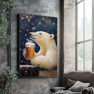 Funny Polar Bear Beer Canvas Print – Whimsical Animal Wall Art, Farmhouse Bar Decor, Cottage Style Artwork, Rustic Cabin Canvas Decor