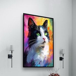 Colorful Tuxedo Cat Canvas, Vibrant Abstract Pet Portrait, Modern Cat Art, Feline Lover Gift, Artistic Animal Canvas Print, Cat Wall Decor