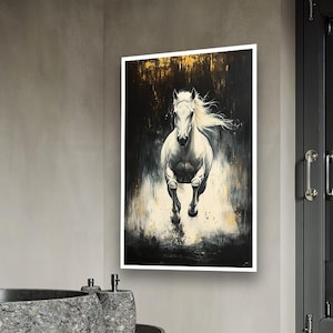 White Horse Canvas Wall Art - Abstract Gold and White Horse Painting - Modern Wild Horse Print - Strong Animal Decor, Horse Farmhouse Decor