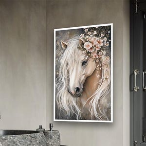 Elegant White Horse Canvas, Floral Equestrian Art, Romantic Horse Painting, Rustic Farmhouse Decor, Dreamy Animal Print, Horse Canvas Decor