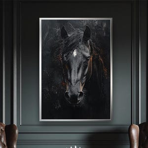 Schwarzes Pferd Leinwanddruck, majestätische Pferdewandkunst, dunkles dramatisches Pferdeporträt, elegante Tier Leinwanddruck, moderne Pferdeliebhaber Dekor