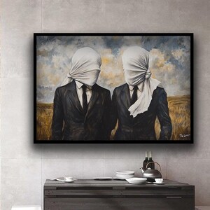 Impressão em tela Abstract Brothers, decoração de parede em tela Brothers in Suits, pôster White Faces, impressão em tela estilo Rene Magritte, presente em tela