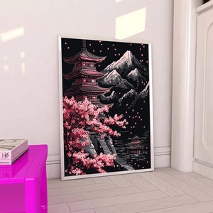 Japanese Pagoda and Cherry Blossom Art Print - Tranquil Landscape with Mountains and Falling Petals - Asian Wall Decor for Home or Office