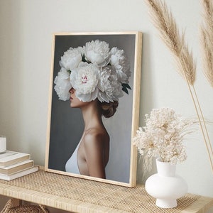 Elegant Woman with White Peonies Canvas Print - Surreal Floral Portrait Art - Modern Minimalist Wall Decor for Bedroom or Living Room