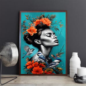 Surreal Woman&#39;s Portrait Canvas with Vibrant Orange Flowers and Blue Birds – Modern Nature-Inspired Wall Art for Living Room or Office Decor
