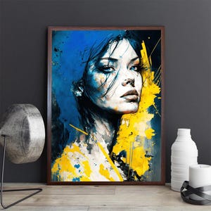 Bold Abstract Portrait Art Print, Blue and Yellow Woman Painting, Expressive Modern Wall Art, Contemporary Female Canvas, Ready to Hang