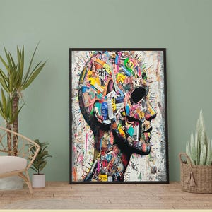 Abstract Magazine Collage Head - Vibrant Mixed Media Art, Colorful Silhouette Art Print for Modern Home or Studio Wall Decor, Canvas Decor