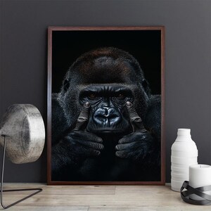 Gorilla Pointing at Eyes Canvas Print, Dramatic Wildlife Portrait, Dark Animal Art, Bold Wall Decor, Unique Art for Home, Office or Man Cave