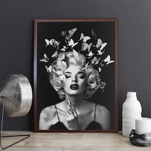 Vintage Hollywood Glamour Butterfly Art Print, Surreal Black and White Portrait, Timeless Cinematic Wall Art, Glamorous Woman Canvas